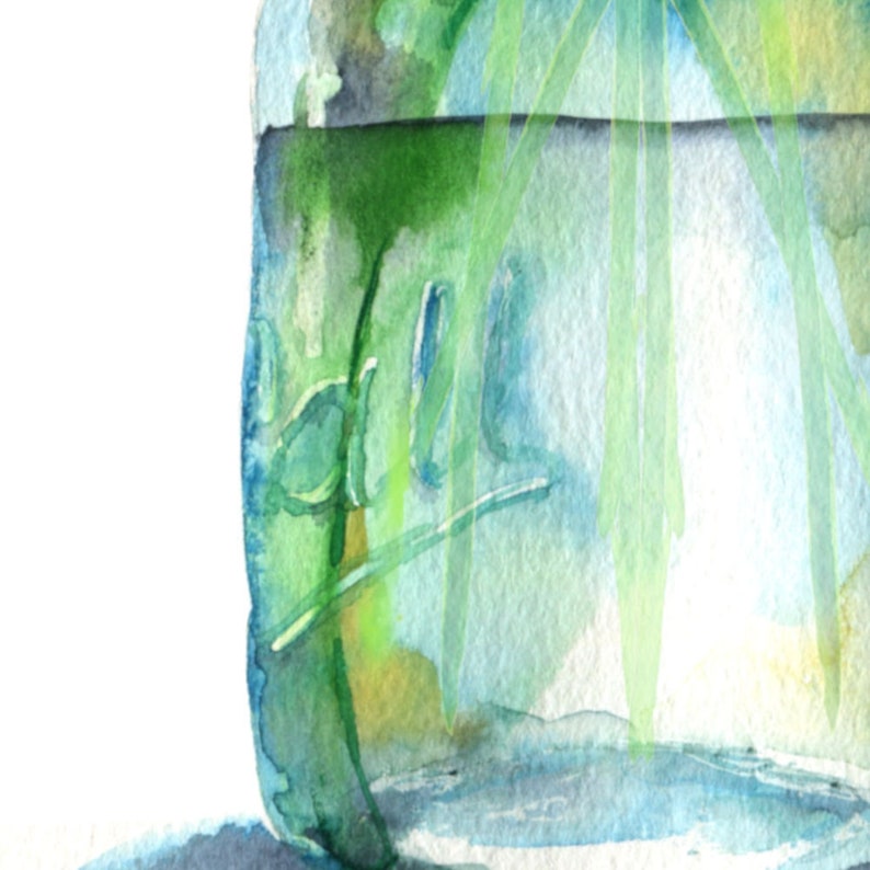 Puede incluir: Una pintura de acuarela de un frasco de vidrio con una tapa verde. El frasco est&aacute; lleno de agua verde y azul y tiene una etiqueta verde y azul que dice "Ball".