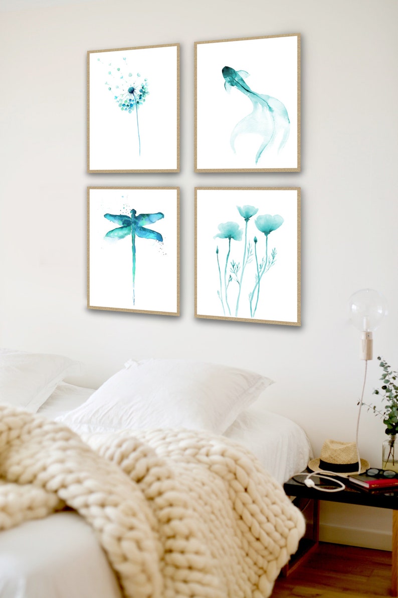 Teal Wall Art Print Set of 4, Shades of Blue Aqua Teal from Watercolor Paintings by Cheryl Casey image 7