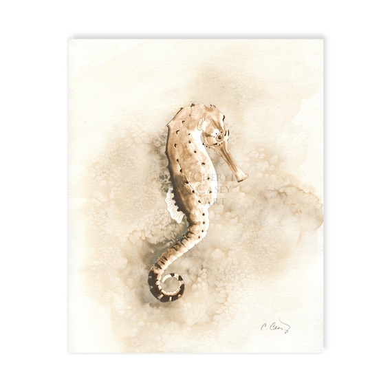 Sea Horse Art Print, Coastal Wall Art, Neutral Beach Print from Watercolor Painting by Cheryl Casey, sandy beach art decor