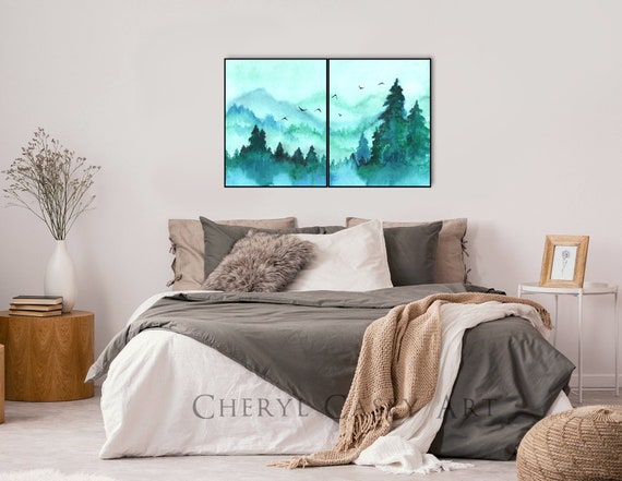 Blue-Green Mountain Art Print Set of 2 Diptych, from Watercolor Painting by Cheryl Casey, Serene Wall Art, birds in flight, pine trees