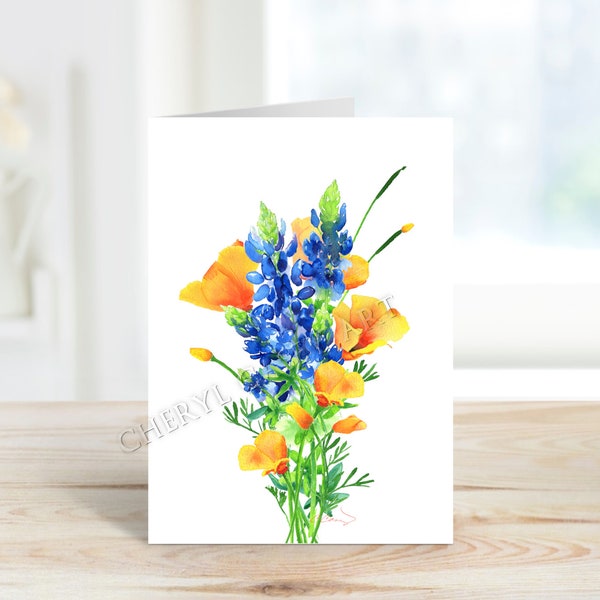 Poppy, Bluebonnet Bouquet Greeting Cards, from watercolor painting by Cheryl Casey, blank inside, notecards and greeting cards