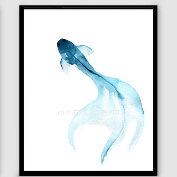 Blue Fish Art Print, Minimalist Abstract Koi from Watercolor Painting by Cheryl Casey