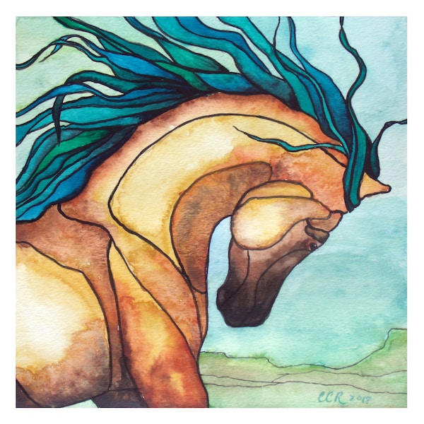 Horse Art Print Square, Watercolor Horse Wild Mustang from Painting by Cheryl Casey