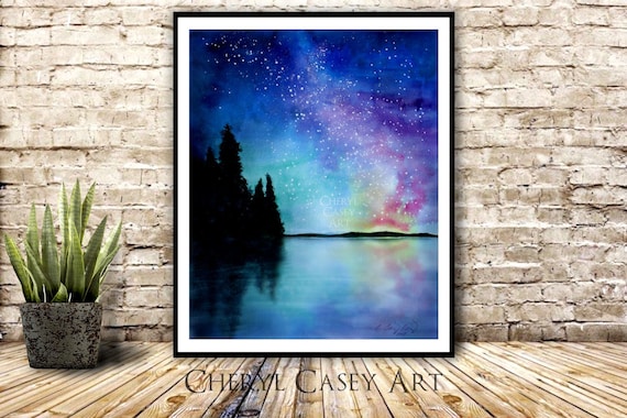 Night Sky Lake Art Print Starry Milkyway Galaxy from Watercolor Painting by Cheryl Casey, pine trees hills stars