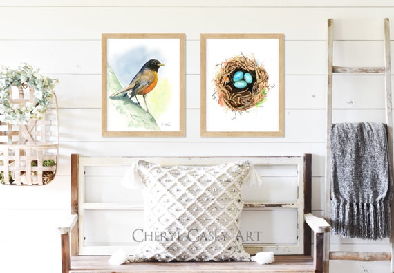 Robin Egg Bird Art Print, Set of 2, Watercolor Paintings, Bird's Nest, bird wall art