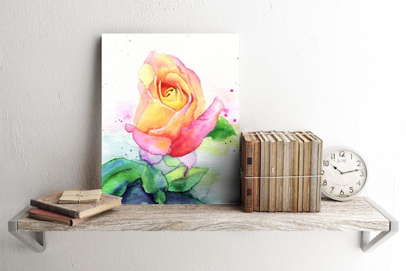 Rose Watercolor Print Painting by Cheryl Casey, Rio Samba pink and yellow rose, rosebud, flower home decor floral wall art