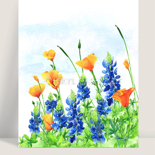 Texas Bluebonnets California Poppies Field Art Print from Watercolor Painting by Cheryl Casey, blue and orange state wildflowers