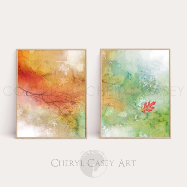 Autumn Abstract Art Print Set of 2, from Watercolor Paintings by Cheryl Casey, fall decor leaves