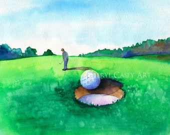 Golf Kunstdruck von Aquarell von Cheryl Casey, Golf Geschenke natürlich