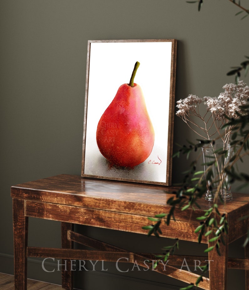 Red Pear Still Life Art Print from Watercolor Painting by Cheryl Casey, Dramatic Art, Fruit Art Print image 8