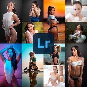 May include: A collage of nine images featuring a woman in various poses and settings. The images showcase the woman in different outfits, including swimwear and casual wear, with diverse backgrounds and lighting conditions. The Adobe Lightroom logo is in the center.