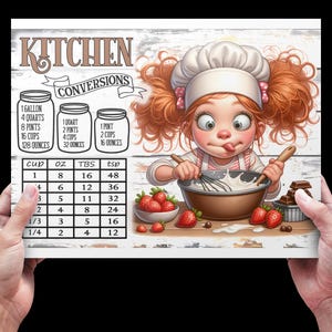 May include: A kitchen conversions chart held by hands, featuring a cartoon illustration of a girl baking. The chart includes volume measurements like cups, ounces, tablespoons, and teaspoons. The girl is wearing a chef's hat and apron, with strawberries and chocolate nearby.