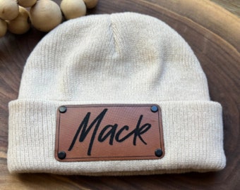 USA Made Personalized Baby Beanie, Vegan Leather Patch, Monogram Winter Hat