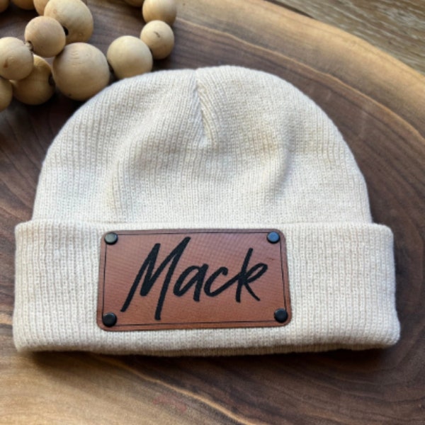 Baby Beanie, Personalized name monogram initials, newborn coming home, baby winter hat, leather patch custom baby hat