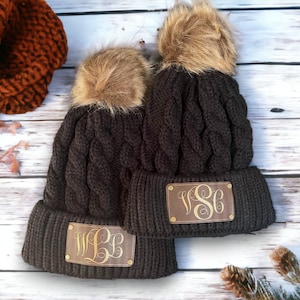 Adult / Womens Personalized name monogram initials Pom Pom beanie, custom engraved winter hat
