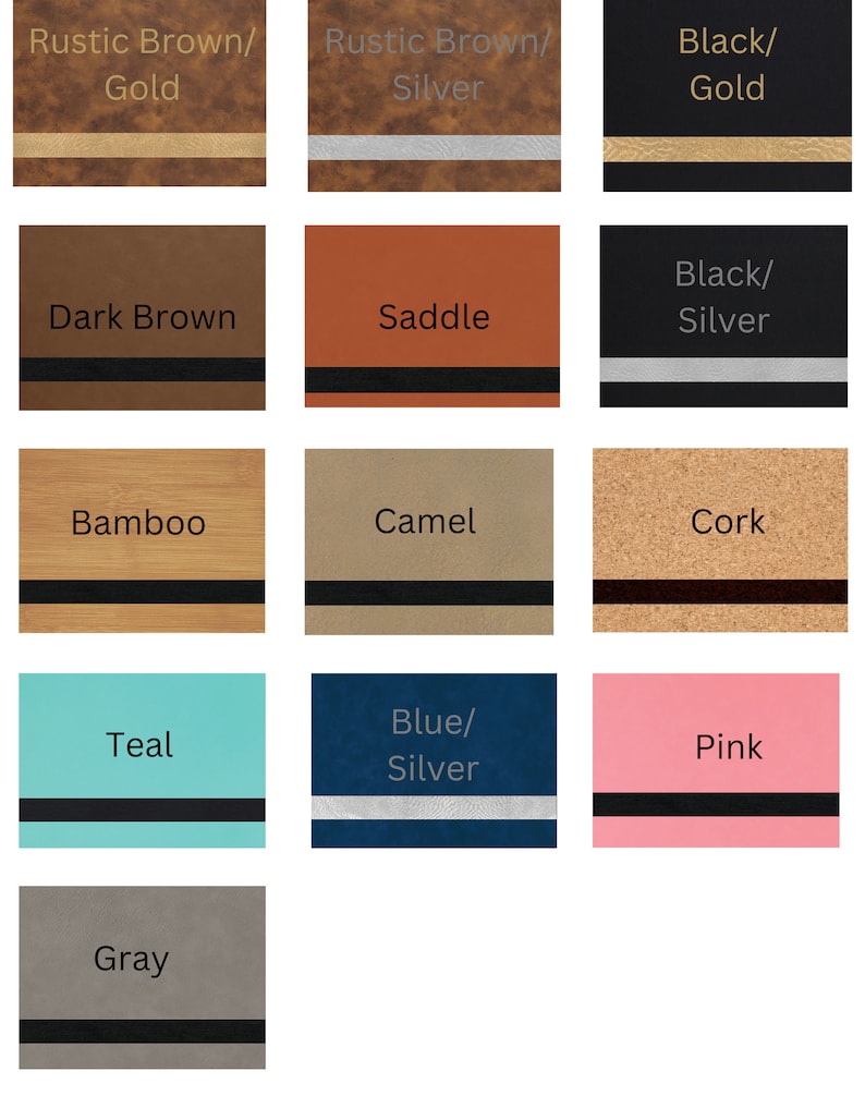May include: A chart showing 12 different color options for a product. The colors are: Rustic Brown/Gold, Rustic Brown/Silver, Black/Gold, Dark Brown, Saddle, Black/Silver, Bamboo, Camel, Cork, Teal, Blue/Silver, Pink, and Gray.