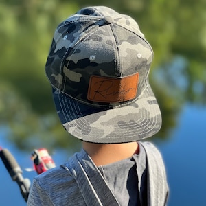 Personalized infant baby toddler kids youth trucker hat|custom name initials cap, child flat bill trucker snapback hat|vegan leather patch