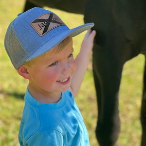 Personalized infant baby toddler kids youth trucker hat, custom name leather patch cap, mesh snapback hat, Alabama state flag, license plate