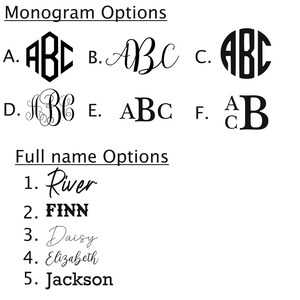 May include: A graphic showing different monogram options, including a geometric design, a script font, a circle, and a traditional style. The graphic also shows different full name options, including River, Finn, Daisy, Elizabeth, and Jackson.