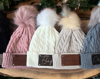 Personalized Kids Pom Beanie, Custom Name Leather Patch Winter Hat