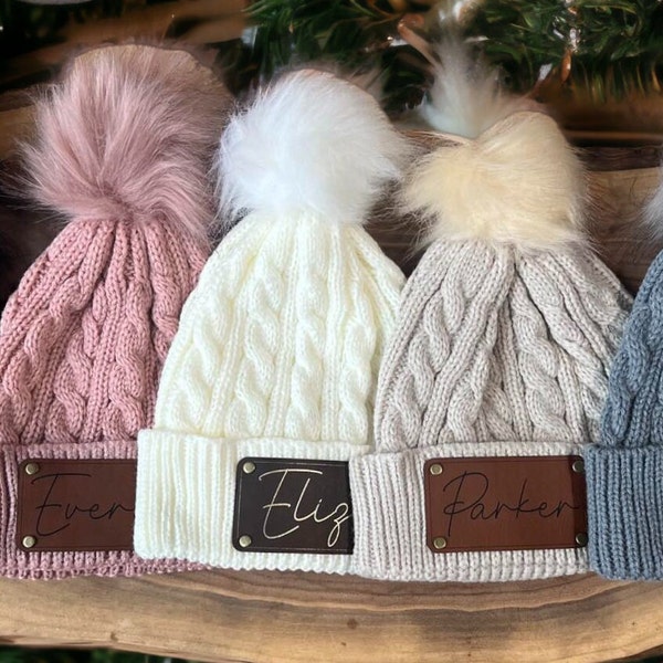 Kids Girls Personalized name or monogram initials Pom beanie,  vegan leather patch, winter hat, custom name beanie, pom pom beanie