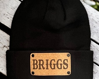 Personalized Beanie, Custom Engraved Vegan Leather Patch, USA Made