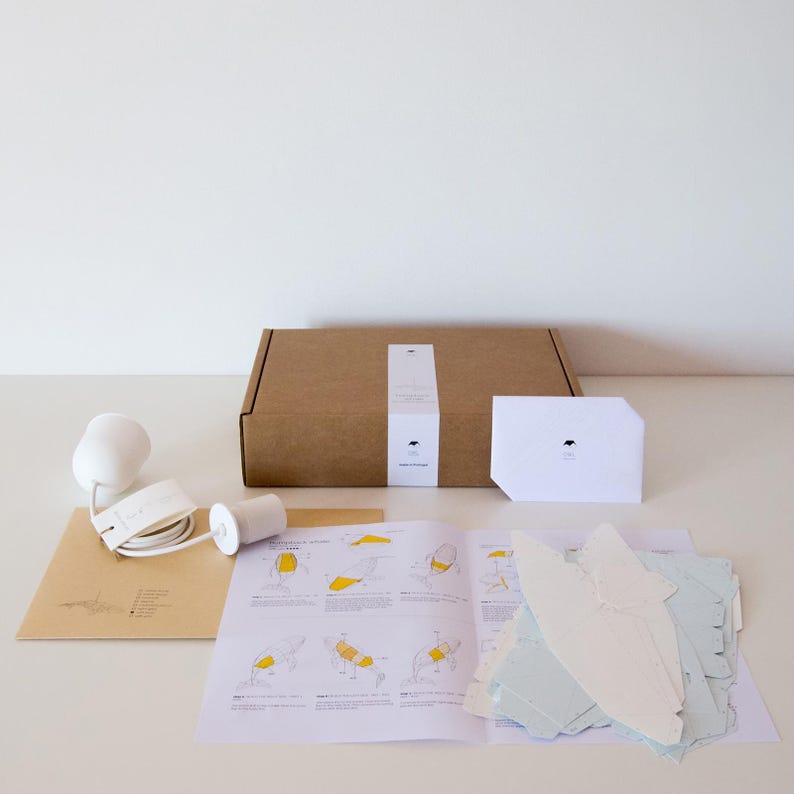 Puede incluir: Un kit para construir una l&aacute;mpara de papel. El kit incluye una caja de cart&oacute;n marr&oacute;n, hojas de papel blanco, una pantalla blanca, un cable blanco e instrucciones. Las instrucciones est&aacute;n impresas en papel blanco con ilustraciones amarillas.