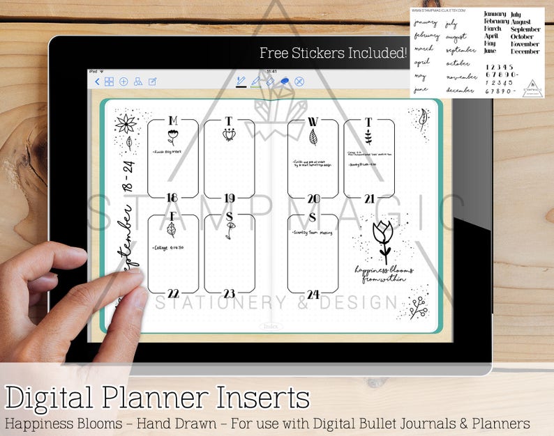 Vertical Hand Drawn Happiness Blooms Digital Planner Inserts WO2P