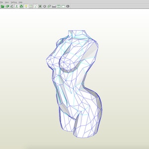 May include: A white 3D model of a human torso, rendered in a wireframe style with blue lines. The model is a geometric representation of the human form, with a focus on the curves and contours of the body.