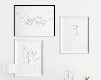 Printable Illustration Set of 3, Continuous One Line Prints, Minimalist Couple Posters, Pinky Swear Lines Drawing, Three Wall Art Gallery.