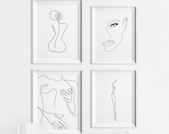 Set de láminas artísticas minimalistas de una sola línea con temática femenina (descarga digital)