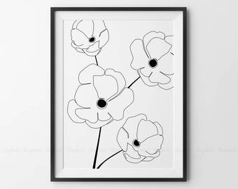 Abstract Blossomed Flower Printable, Black And White Minimalist Art, Fine Line Drawing, Flower Blooms Wall Prints, Botanic Background Poster