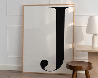 Grote J-letter afdrukbaar, als aanvulling op poster, zwart-witte initialenprint, eenvoudig tafeldecor, digitale download, Scandinavisch wandbord