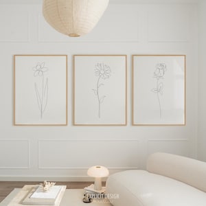Conjunto de 3 flores imprimibles / Tres dibujos minimalistas de narcisos, margaritas y rosas / Galería inspirada en un elegante jardín botánico campestre