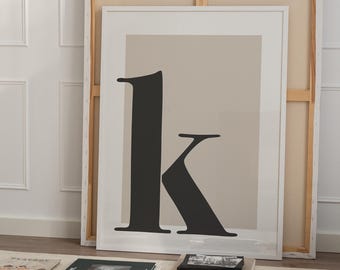 Letter K Print: Beige Initial Typography Art (Digital Download)