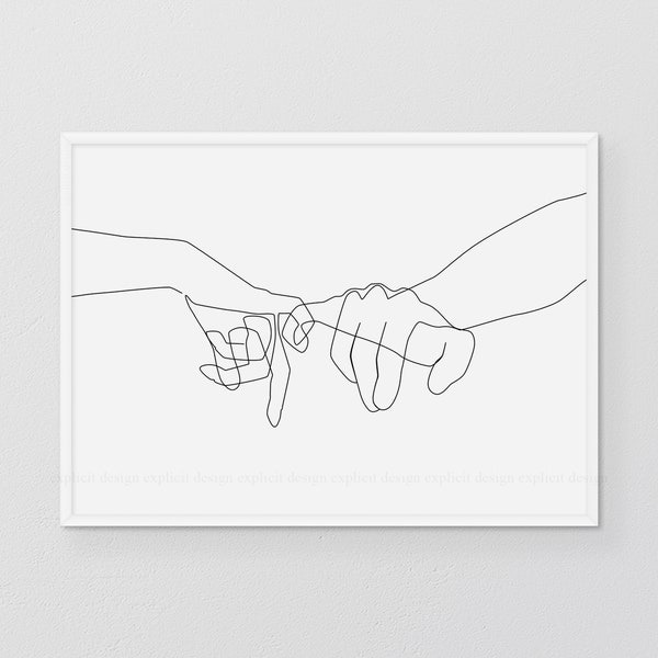 Pinky Swear Printable, One Line Drawing Print, Black White Hands Artwork, Hand Poster, Original Minimalist Couple Art, Minimal Fine Decor.