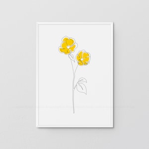 Printable Floral One Line Drawing, Abstrakte minimalistische Kunst, dünner weißer Druck, Gelbe Blumen Wanddrucke, Botanisches Poster, Bloom Lines Artwork
