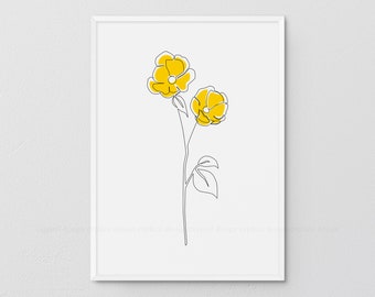 Yellow Flower One Line Art Print, Minimalist Floral Poster (Digital Download)
