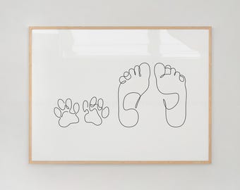 Dog Paw and Owners Feet Print: Minimalist Line Art, Pet Lover Gift (Digital Download)