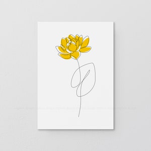 Dibujo de flor de nenúfar mostaza de línea fina imprimible, impresión artística de boceto de loto minimalista, póster de contorno de floración amarilla, obra de arte floral.