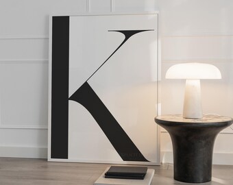 Zwarte extra grote afdrukbare letter K-poster | Initiële hoofdletter | Familienaam woonkamerdecoratie | Scandinavisch geïnspireerde alfabetkunst