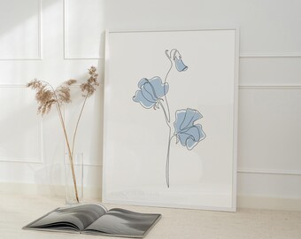 Pastel Blue Sweet Pea Flower Print: Minimalist Line Art (Digital Download)