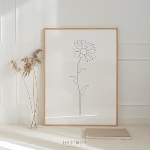 Dibujo minimalista de margarita de una línea imprimible / Ilustración de contorno floral / Impresión de pared de flores de verano / Póster de delicada floración botánica