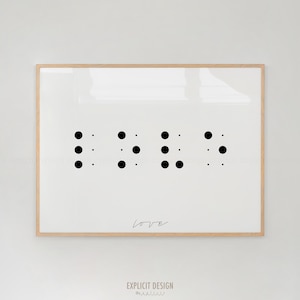 L'amour en braille, impression de points de l'alphabet aveugle, affiche à pois noir et blanc, panneau de couple minimaliste, décoration artistique minimaliste moderne.