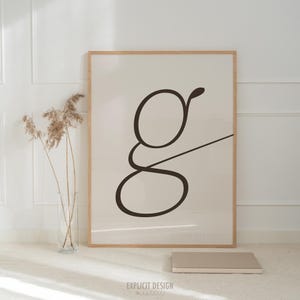 Arte imprimible con la letra g neutra / Póster de iniciales con caligrafía fluida / Impresión personalizada de alta calidad / Descarga de pared con apellidos en tonos pastel suaves