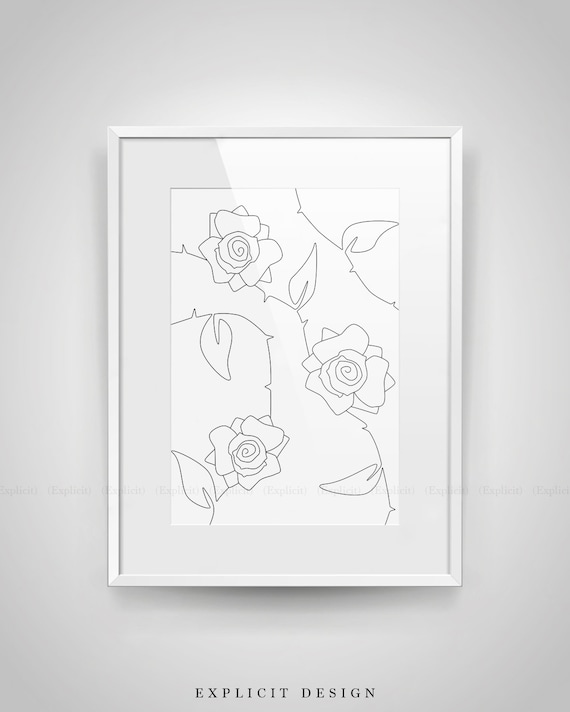 White sketch of rose bush with tree blooms isolated on black • wall  stickers sketch, white, silhouette | myloview.com