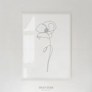 Desenho de flor de papoula com linha única contínua para impressão, arte de planta de papoula branca, impressão de flores de jardim de verão, pôster minimalista de pétalas florais.