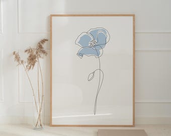 Blue Poppy Line Art Print: Minimalist Floral Contour (Digital Download)