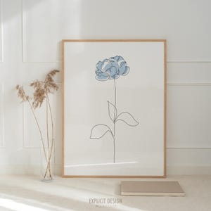 Dibujo minimalista de peonía de una línea imprimible / Ilustración floral abstracta / Impresión de flores de primavera / Póster botánico azul pastel