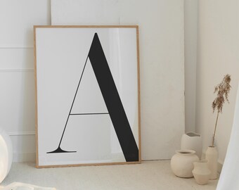 Grote afdrukbare letter A, als aanvulling op poster, print met zwart-witte initialen, eenvoudig tafeldecor, alfabetprint, Scandinavisch wandbord.
